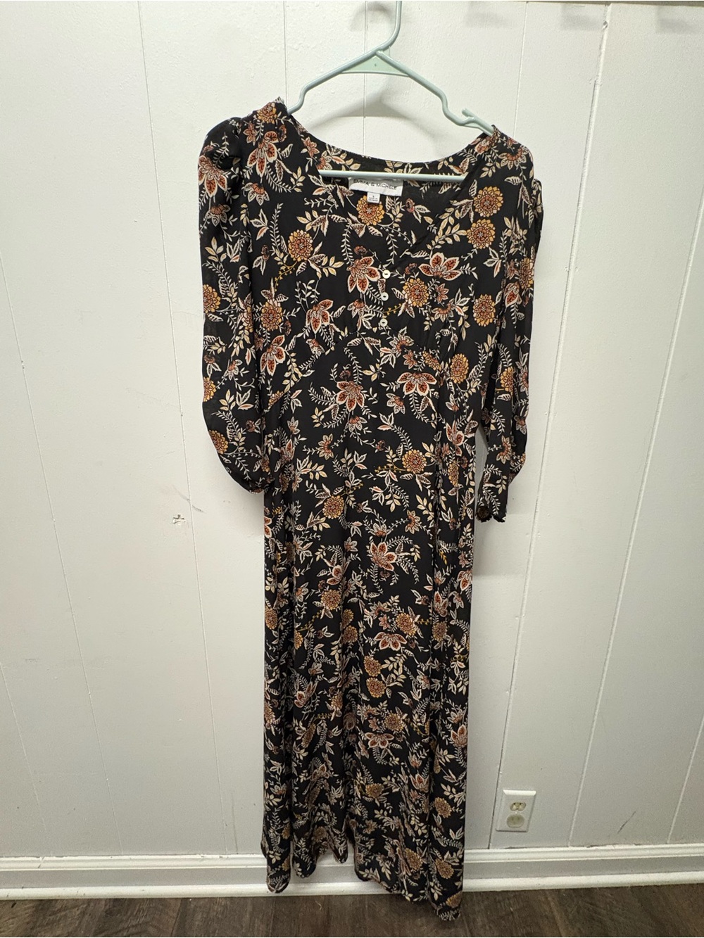 Emma & Michele Black Floral Midi Dress with Rust and Cream Accents